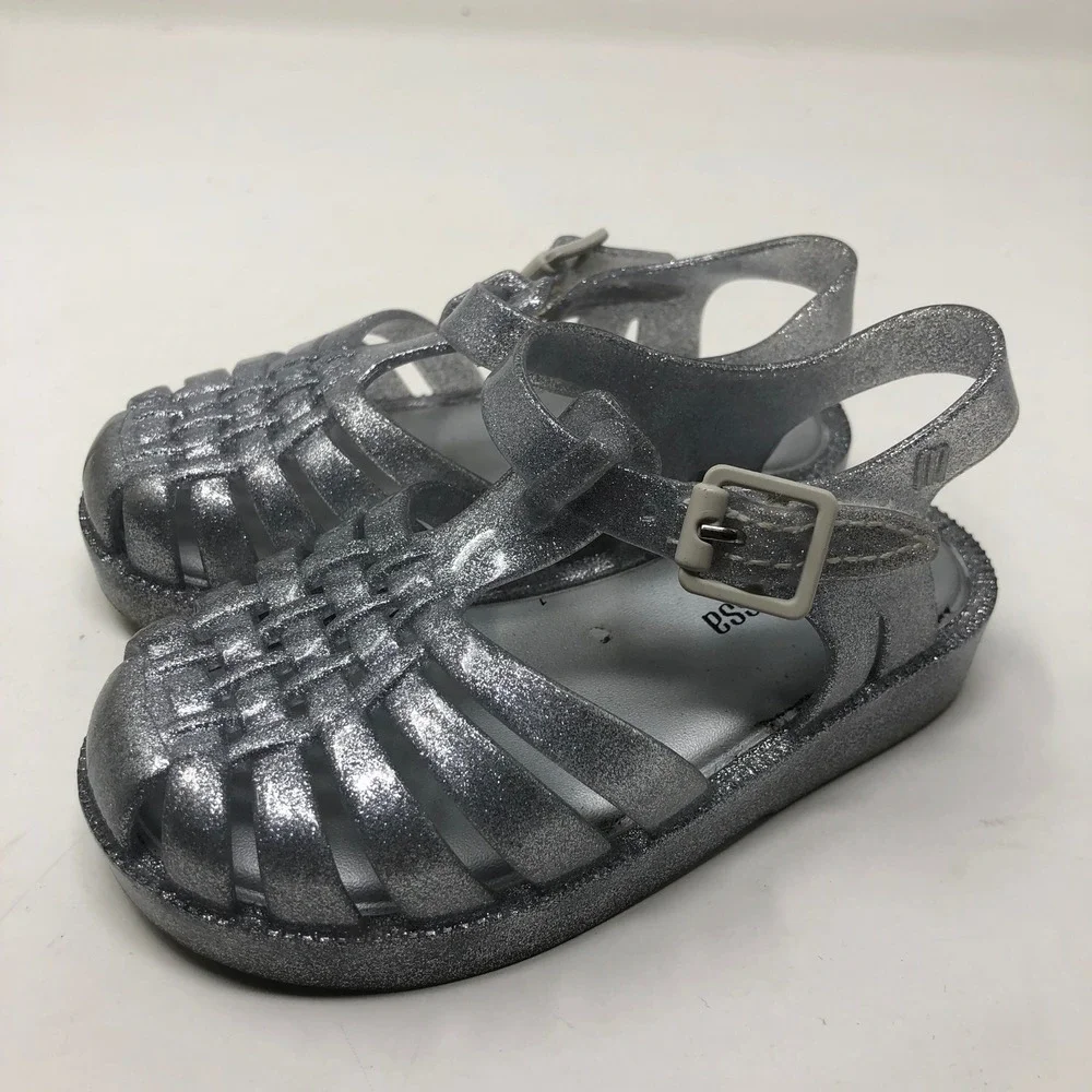 Mini Melissa Possesion Jelly Sandals Kids Size 7 Silver Glitter Cage Shoes
